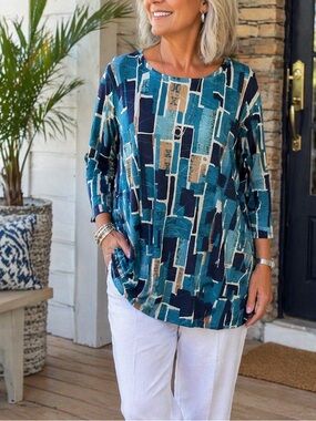 Tanjay Plus Size Geometric Tunic est. 2X – Teal Multi | Relaxed Coastal Chic Top